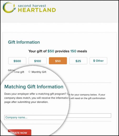 Second Harvest's matching gift promotion on its donation form.