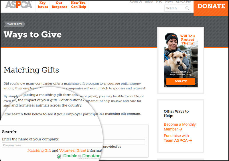 ASPCA's nonprofit Web design: matching gift tool